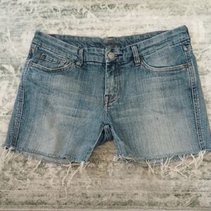 Blue Jean Shorts with Frayed Hem and Relaxed Fit